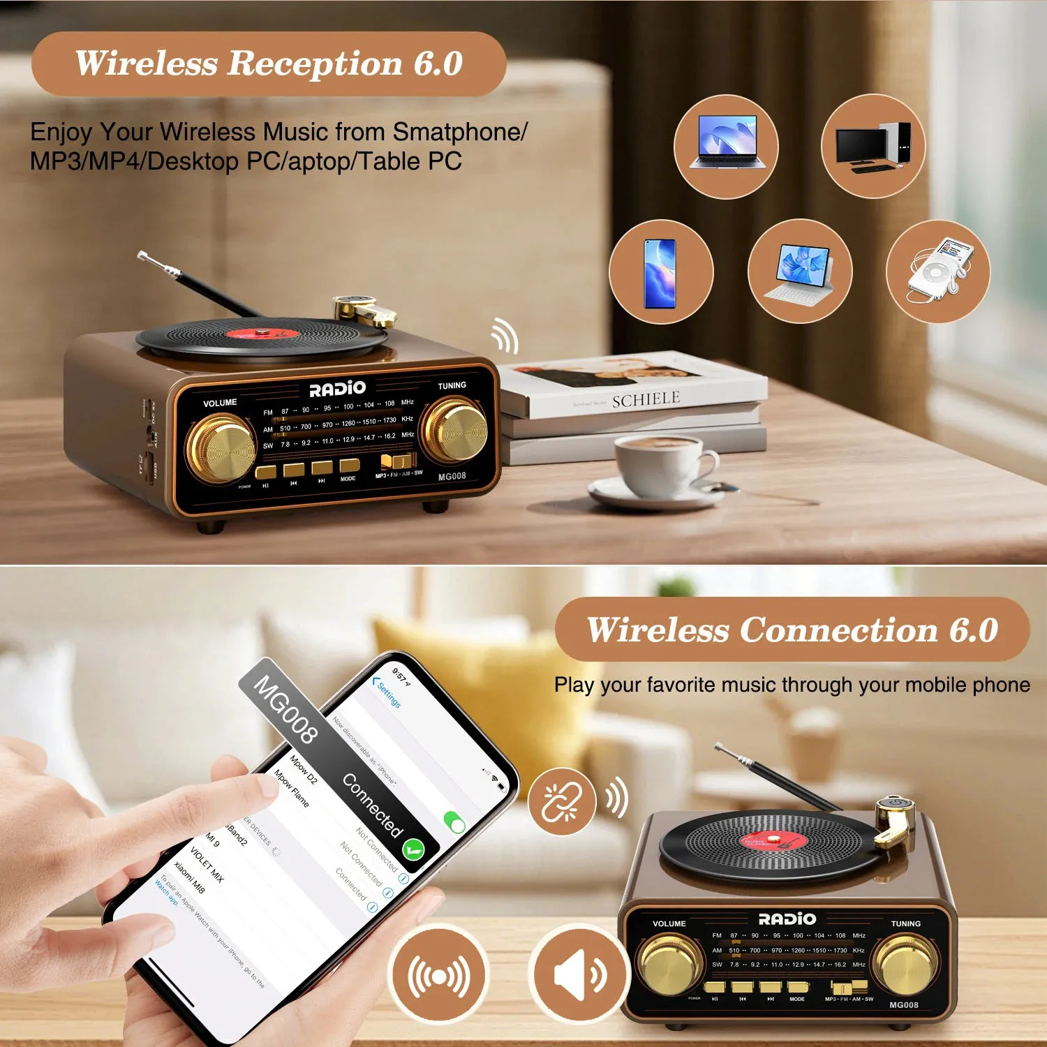Portable FM/AM/SW Radio Retro Vinyl Player Style Wireless Bluetooth Speaker Streaming Unique Vintage Decor for Home Gift Idea