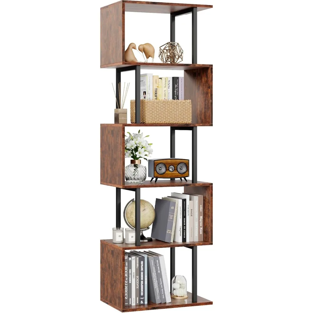 6-Tier Bookshelf, Tall S-Shaped Geometric Bookcase, Industrial Freestanding Display Shelf Unit, Wood Divider for Living Room 2