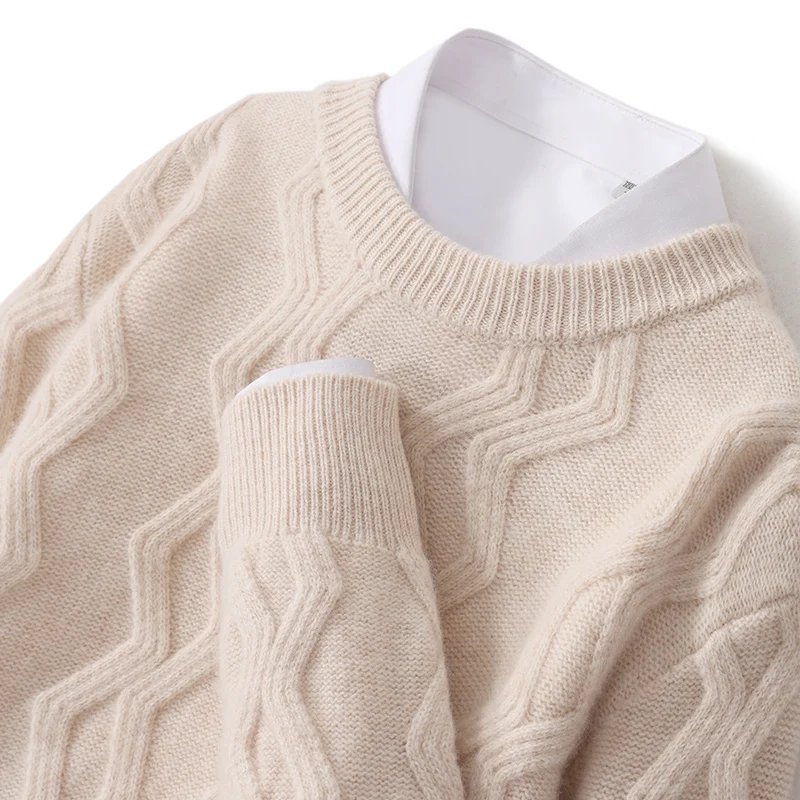 Autumn and winter new round neck thickened 100% sweater men's solid color wave loose pullover knitted bottoming shirt. 3