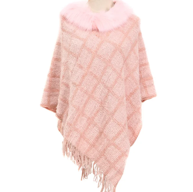 

Chenille Wool Collar Cloak Hot Selling Plaid Knitted Shawl Autumn Winter Warm Large Pullover Female Girl Sweater Coat Pink
