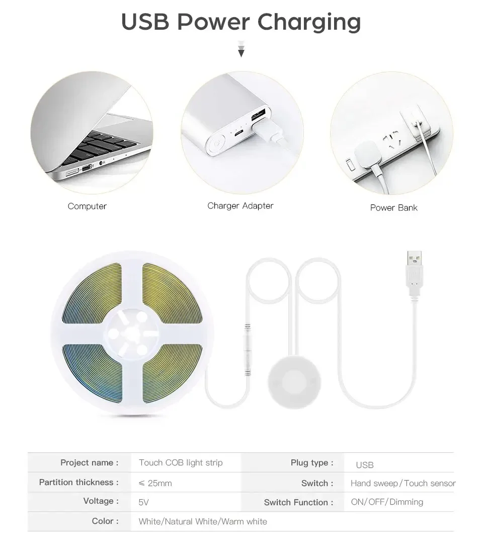 Description Picture 3 of itemDimmable USB 5V LED Under Cabinet Light COB Strip With Penetrable Wood Mirror Hand Scan Touch Sensor Switch DIY Kitchen Lighting