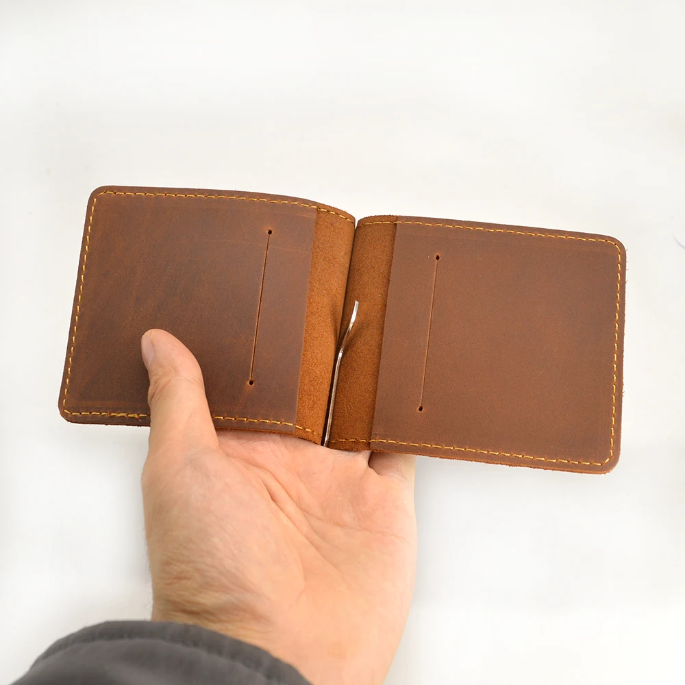 Handmade Genuine Leather Money Clip Wallet for Men Male Crazy Horse Cowhide Short Bifold Slim Money Clip 2