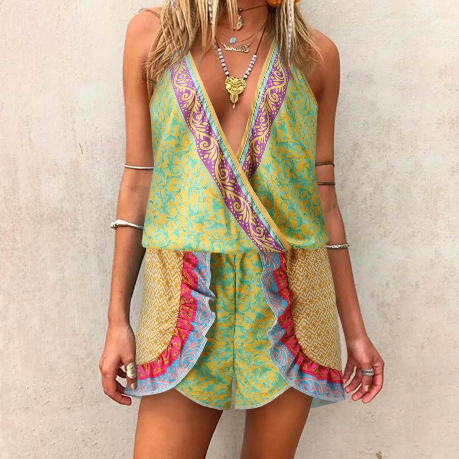 

Sexy Deep V Neck Strap Rompers Women Casual Boho Ethnic Print Jumpsuit Backless Club Party Beach Playsuit Ruffle Short Jumpsuit