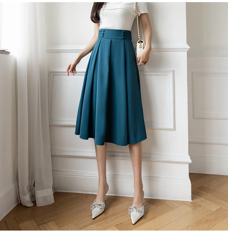 denim skirts for women 2022 Women Skirt High Waist Button Stylish Casual Street OL Office Ladies Midi Pleated A-line Suit Skirts Elegant Faldas satin midi skirt