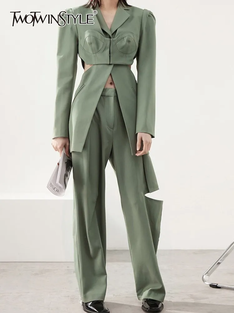 

TWOTWINSTYLE Solid Casual Two Piece Sets For Women Lapel Long Sleeve Blazer High Waist Pant Elegant Set Female Fashion Clothing