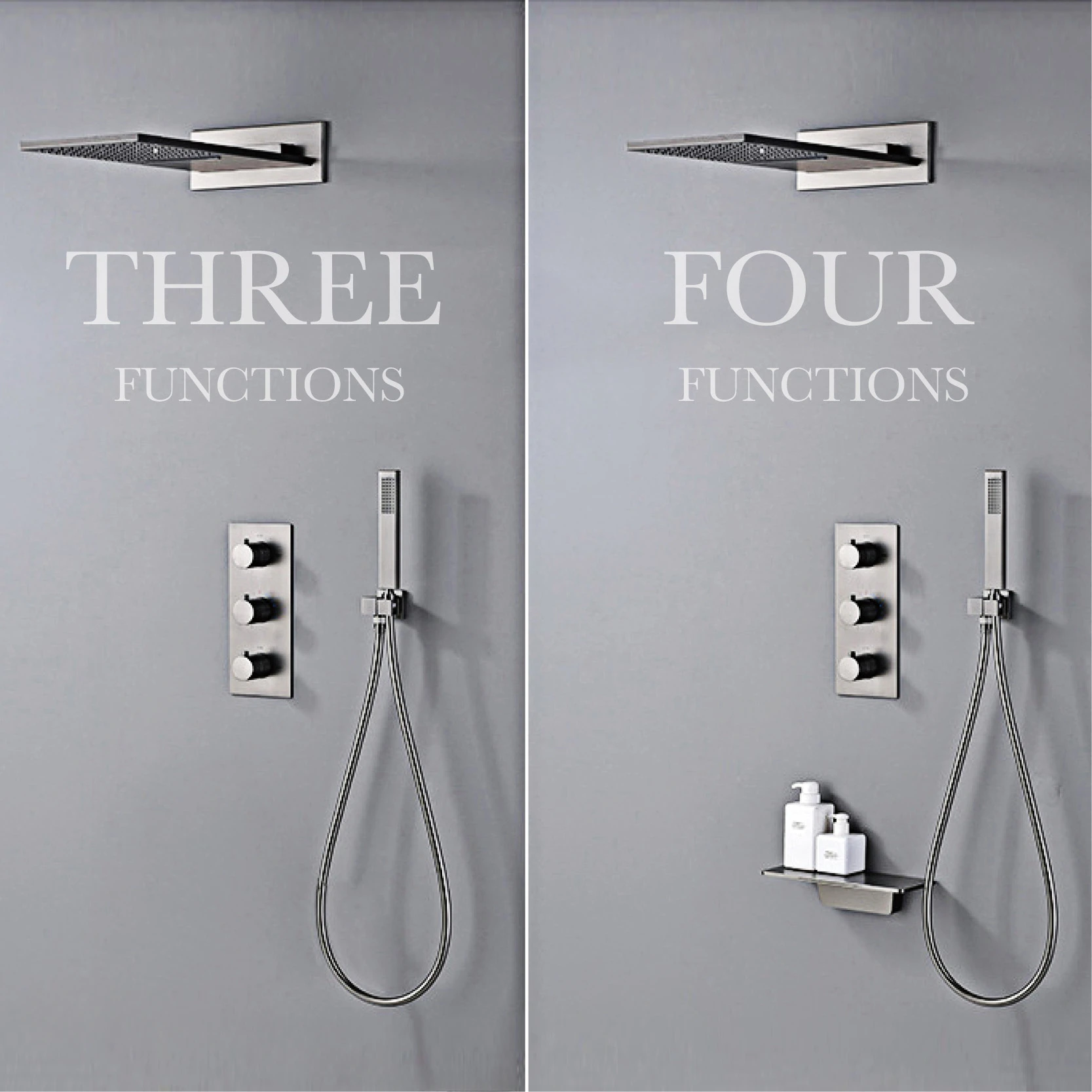 

Luxury gun gray brass shower system with concealed design Three handles Dual control of hot and cold 4-function bathroom faucet