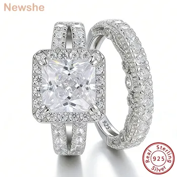 Newshe 2Pcs Solid 925 Sterling Silver Wedding Rings for Women Bridal Set 8*8mm 3CT Princess Cut 5A Cubic Zircon Fine Jewelry 1