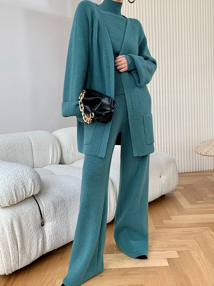 

Autumn Winter Knitted 3Pcs Sets for Women Loose Cardigans Coat+Turtleneck Pullovers+Wide Leg Pants Female Sweater Pantsuit