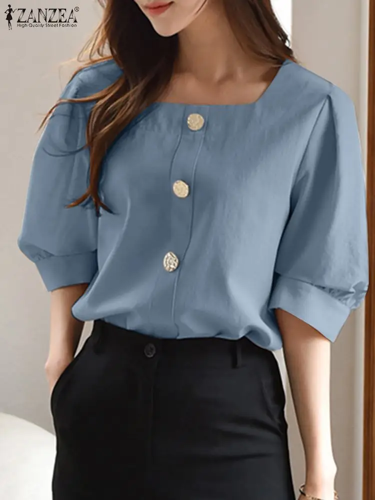 

Women Solid Office Work Shirt 2023 ZANZEA Elegant Summer Half Sleeve Blouse Fashion Square Neck Casual Party Blusas Tops Tunic