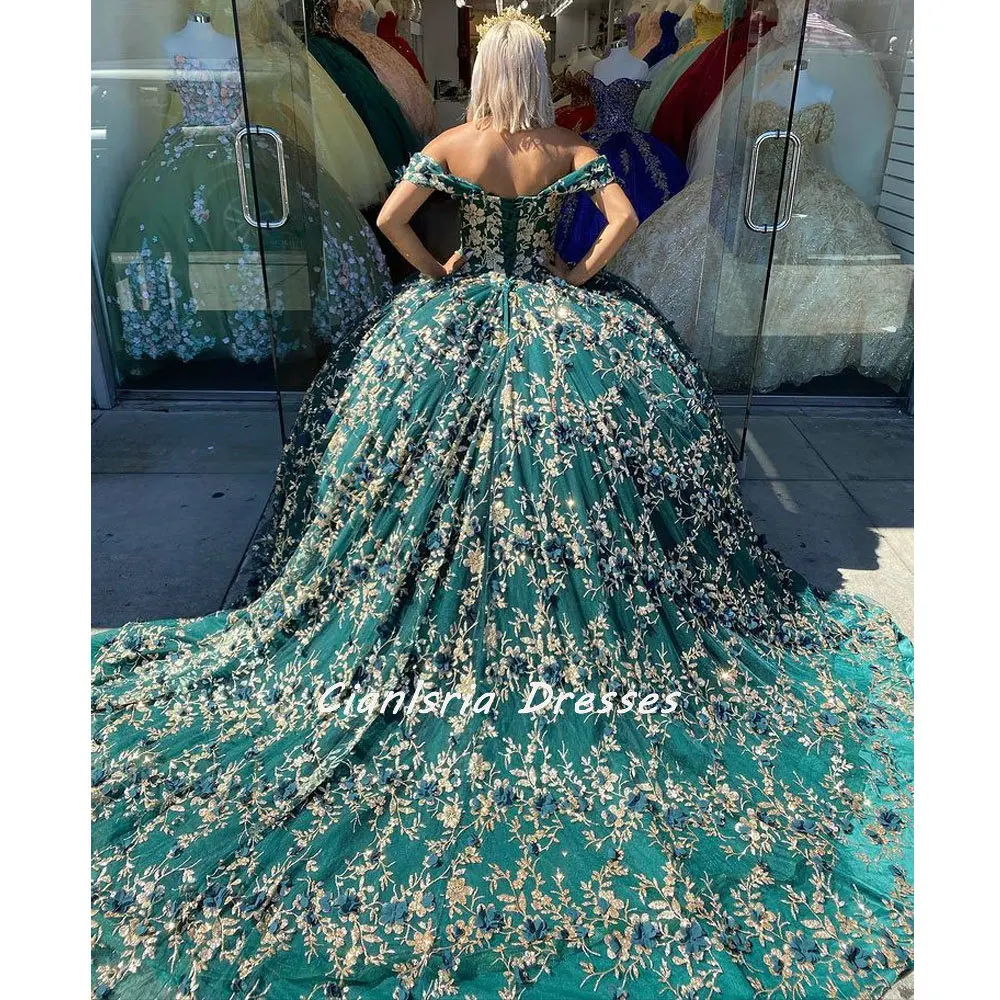 

Изумрудно-зеленое платье с открытыми плечами и 3D цветочными оборками, бальное платье, кружевное платье с золотой аппликацией для 15 лет