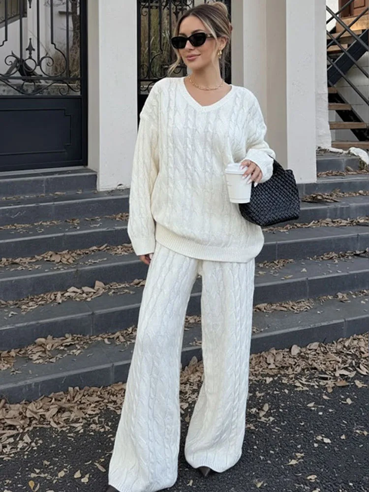 BKQU Casual Knitted Pants Sets Women Loose V-Neck Pullover Sweater And High Waist Wide-Leg Trousers 2 Piece Female Warm Outfits