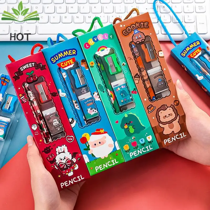 

5Pcs Creative Portable Stationery Set Cartoon Pencil Ruler Sharpener Eraser Set Gift for Kids School Office Writing Stationery