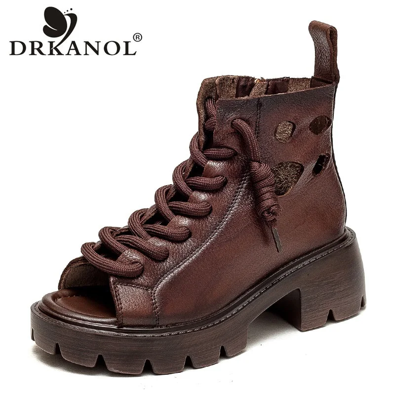 

DRKANOL Retro Gladiator Sandals Women Summer Open Toe Cool Boots Ladies Genuine Leather High Heel Platform Casual Roman Sandals