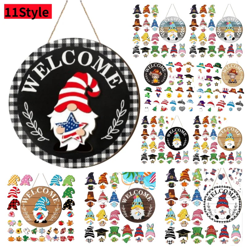 11style Gnome Interchangeable Seasonal Figures Wooden Decor Set with Magnetic Pieces Detachable Hats & Changeable Welcome Sign P