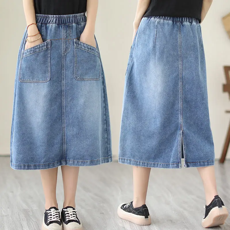 데님 스커트 여성, 한국 패션, 대형 사이즈, 슬림한 다목적 캐주얼 루즈한 여름 빈티지 스플릿 청바지, a-라인 스커트, Z792, 2023 년 상품 