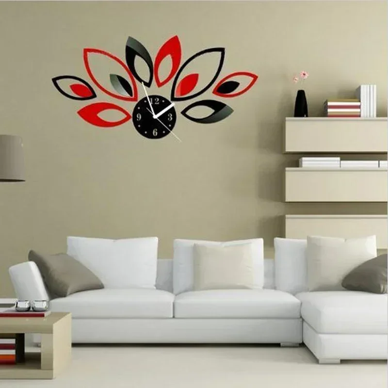 Clock on Wall Home Decor Multicolor Leave Acrylic Mirrored Design 3d Watch Living Room unique Gifts