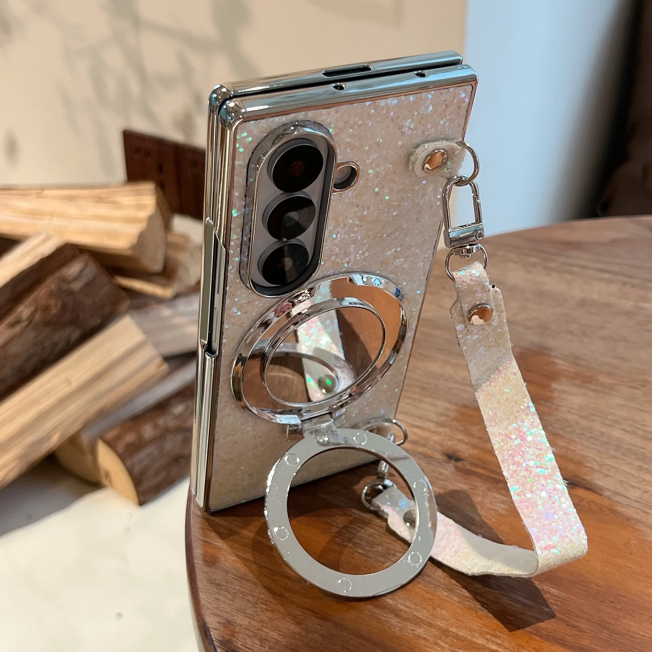 Shiny Silver Magnetic Phone Case For Samsung Z Fold With Lanyard_voghion.com