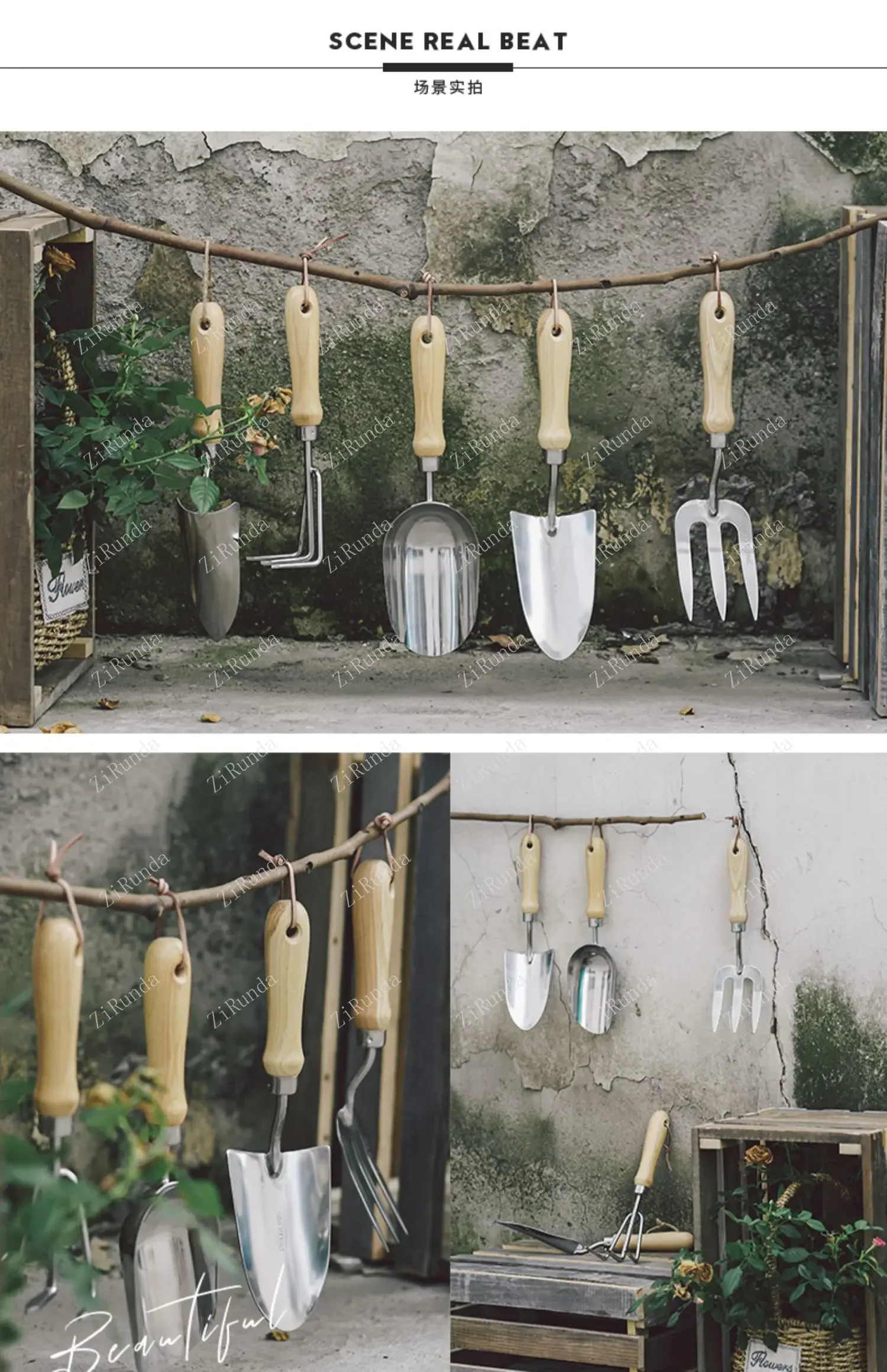 Gardening tool set Small shovel Stainless steel planting and digging household three-piece flower planting shovel