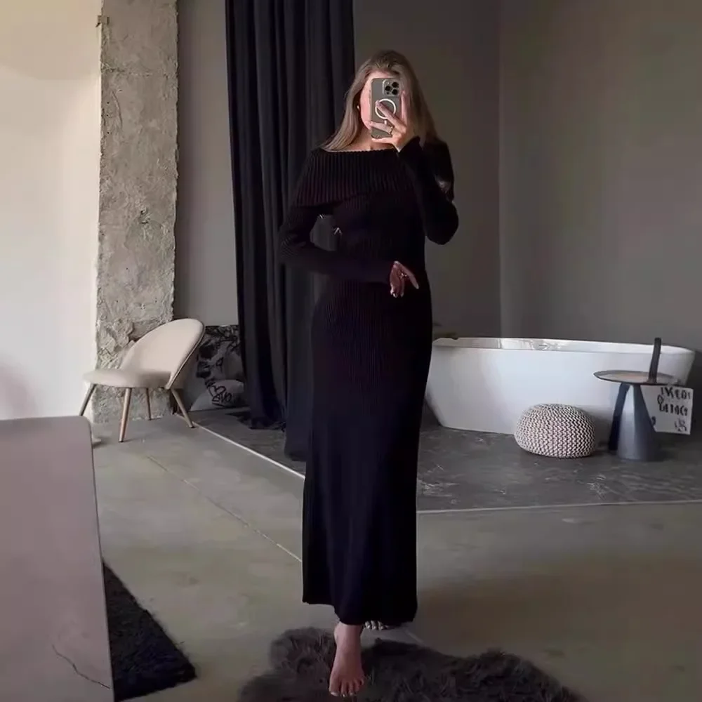 Fashion Knit Long Dress Off-Shoulder Female Ribbed Loose High Waist Elegant Autumn Party Dress Ladies Knitwear Maxi Dress