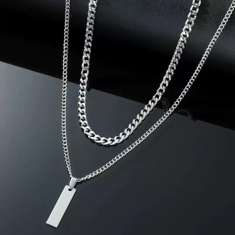 2-Piece Men's Layered Necklace Set - Minimalist Rectangle Pendant & Collarbone Chain, Ideal Gift for Christmas/New Year