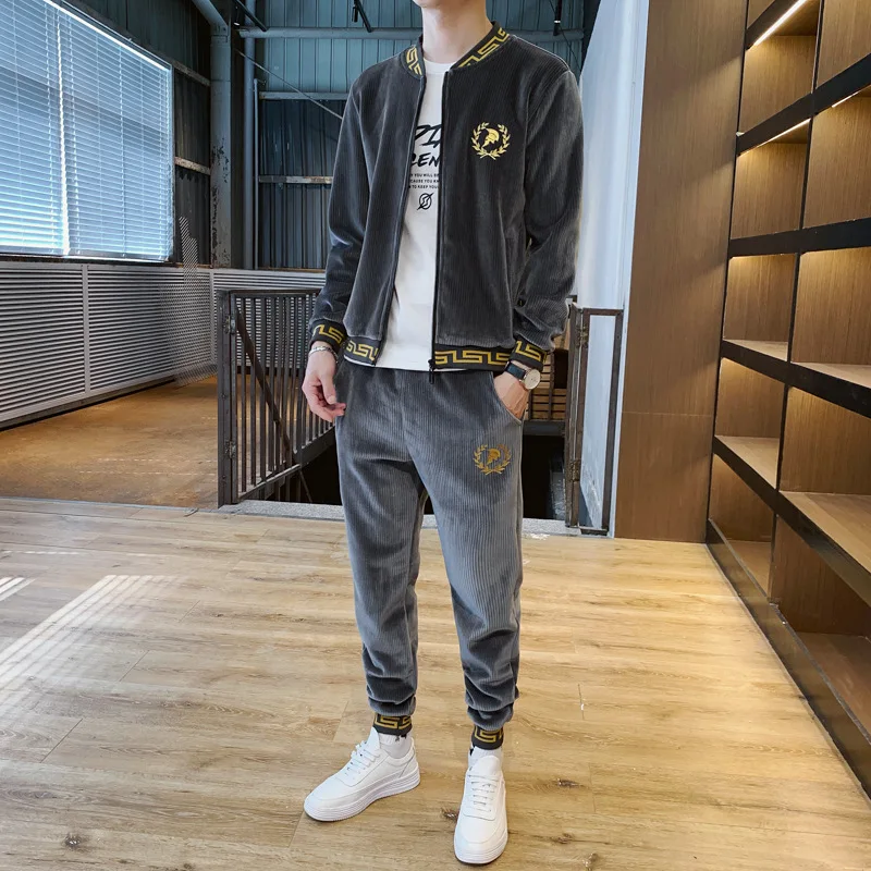 

M--4XL Mens Set Autumn And Winter Male Stand Collar Long Sleeve Coat+pants 2pcs Suits Solid Casual Golden Velvet Clothes Hw131