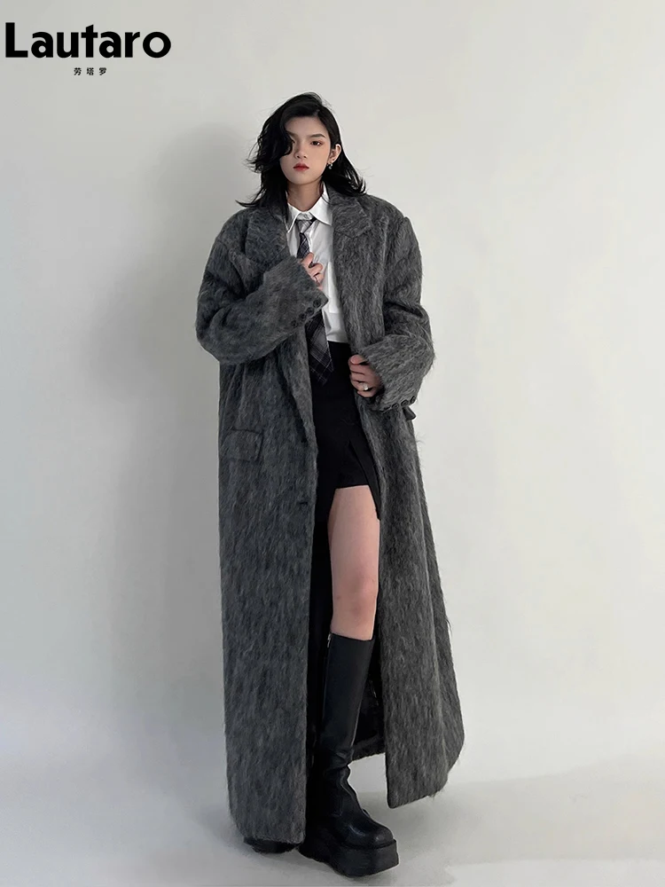Lautaro Autumn Winter Clothes Women Oversized Extra Long Casual Warm Grey  Wool & Blends Coat Women Maxi Fluffy Woolen Overcoat - AliExpress 200000345