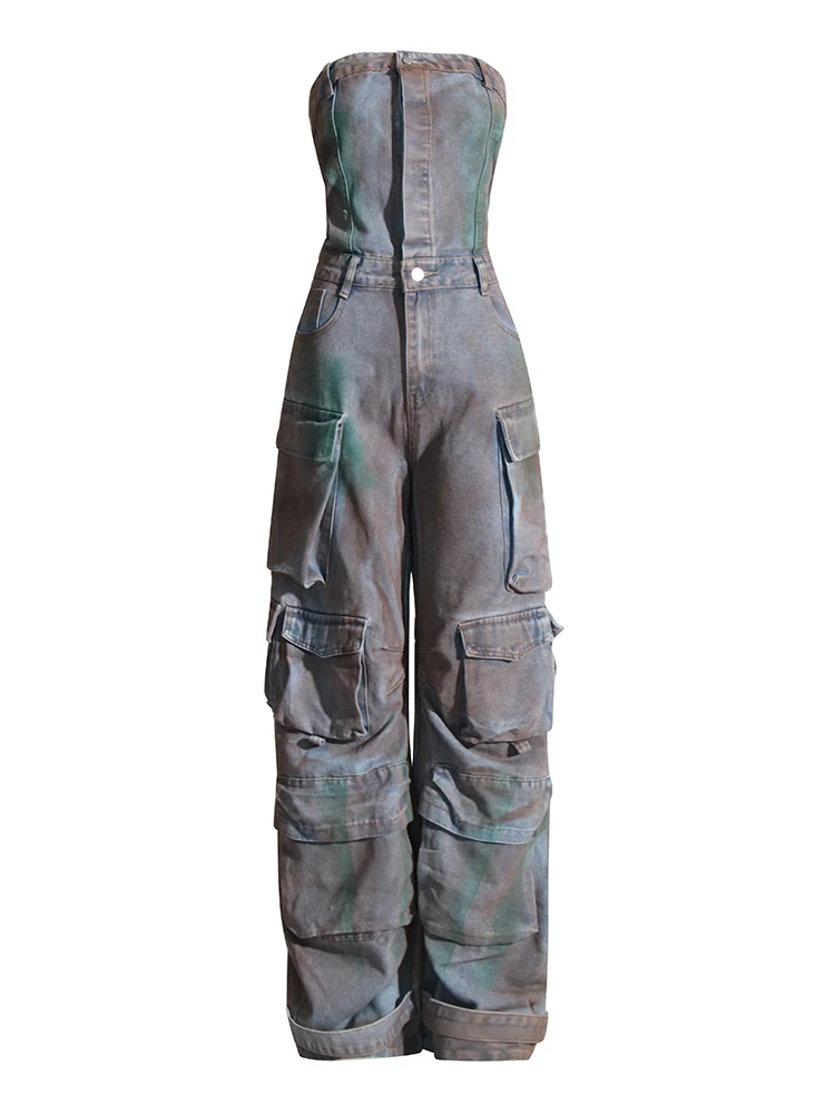 CHICEVER Y2K Denim Jumpsuits For Women Strapless Sleeveless Off Shoulder High Waist Patchwork Pockets Hit Color Jumpsuit Female