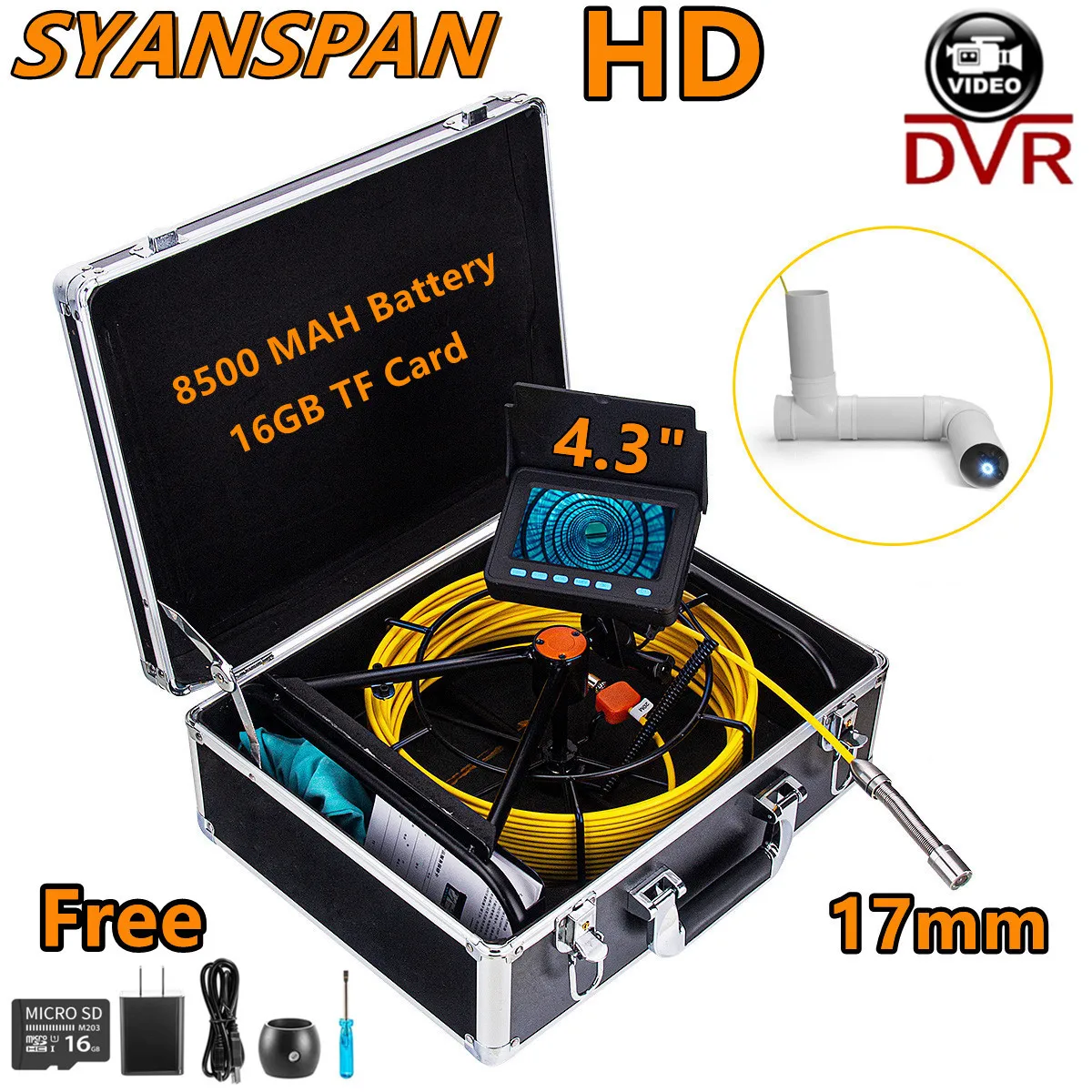 Pipe Inspection Camera with DVR 16GB FT Card,SYANSPAN Sewer Drain Industrial Endoscope IP68 8500MHA Battery 10/20/30/50M