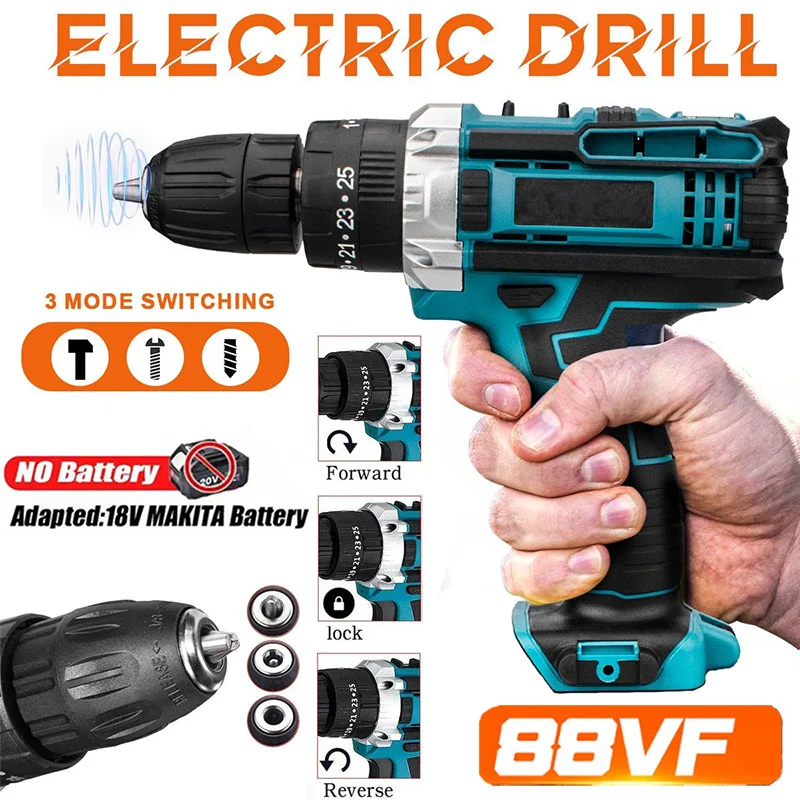 

88VF Electric Impact Drill Cordless Screwdriver 25 Torque & 3 Function Rechargeable Battery Home Hammer Drill Power Tool