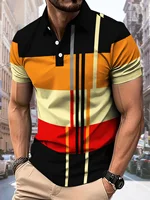 Polo Hombre Franjas Multicolor Estampado 3D, Manga Corta Transpirable. Ropa Casual Streetwear de Moda con Botones.