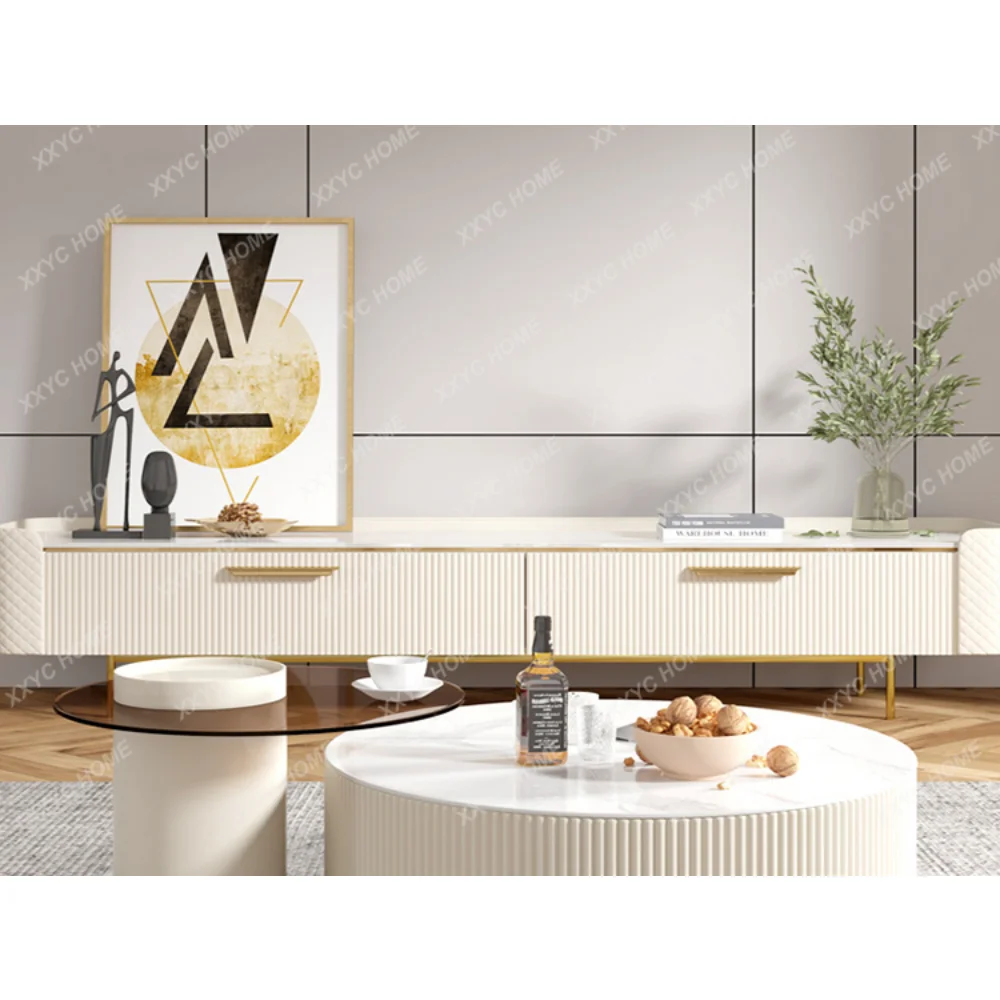 

Stone Plate Retractable Coffee Table TV Cabinet Combination Modern Simple Home round Tassel Coffee Table Floor Cabinet