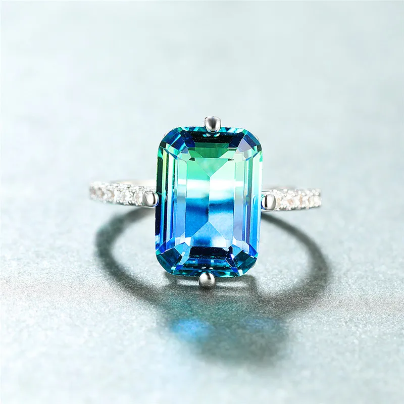 Female Trendy Rainbow Crystal Stone Classic Silver Color Thin Wedding Rings For Women Charm Bridal Square Engagement Jewelry