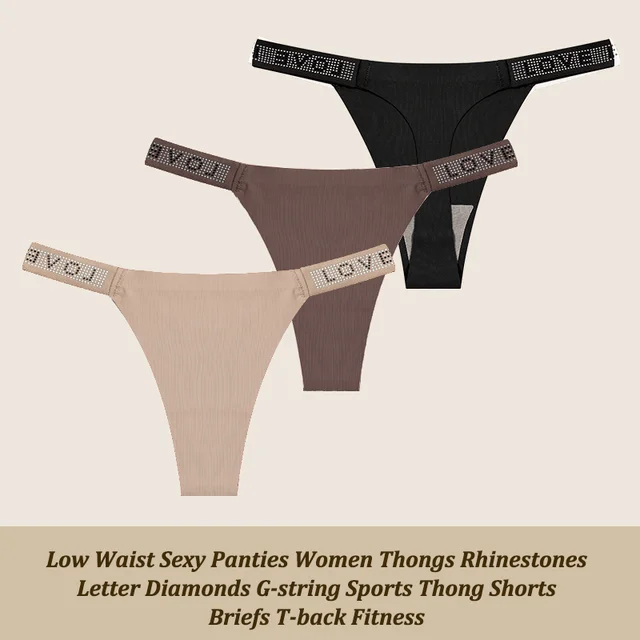 3Pcs/Set Low Waist Sexy Panties Women Thongs Rhinestones Letter Diamonds G-string Sports Thong Shorts Briefs T-back Size XS-XL 8