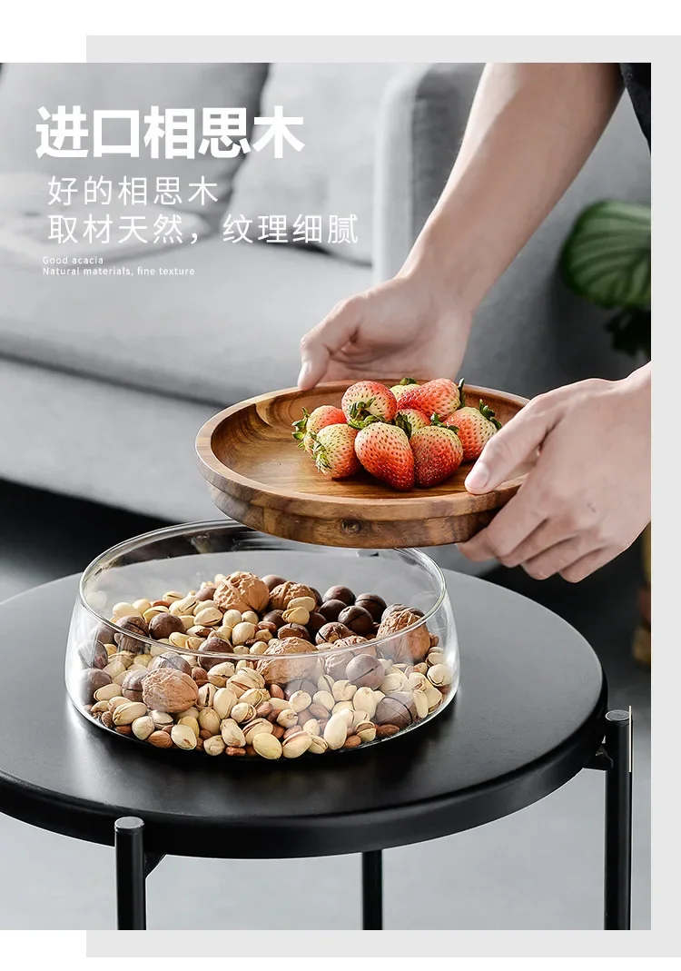 Creative Wooden Cake Pan Food Storage Box with Glass Lid Kitchen Fruit Cake Dessert Nuts Snack Kitchen Storage Box 6