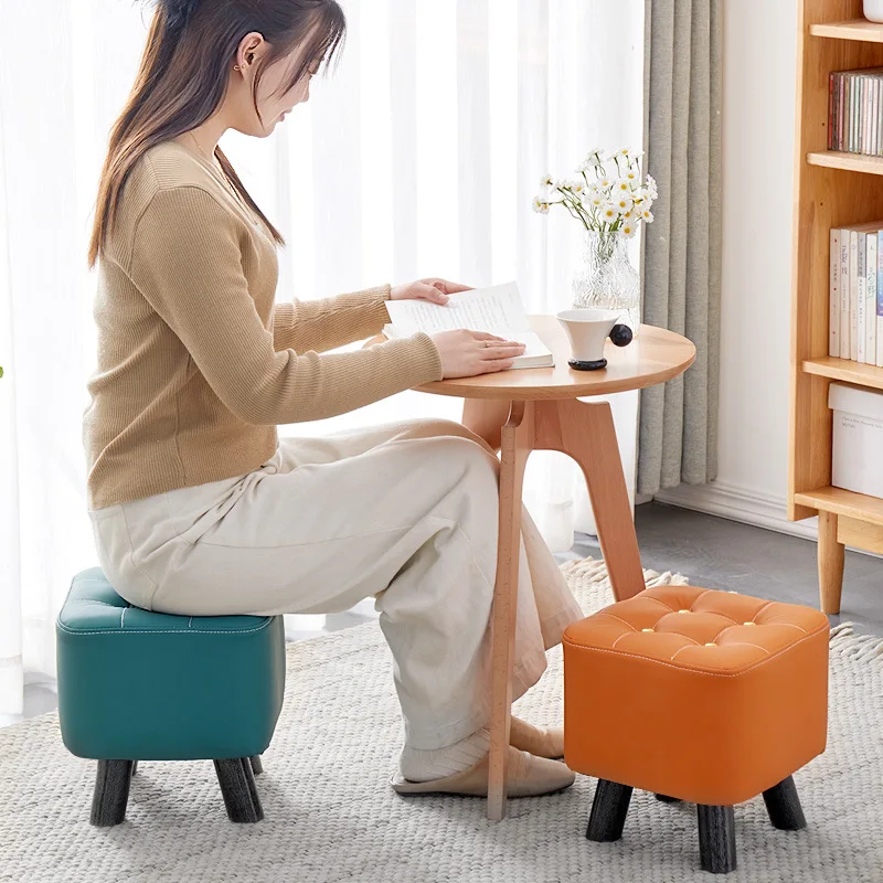 Home Living Room Footrest&Entryway Shoe Changing Stool-Solid Wood Small Ottoman with Durable Faux Leather, Creative Low Bench