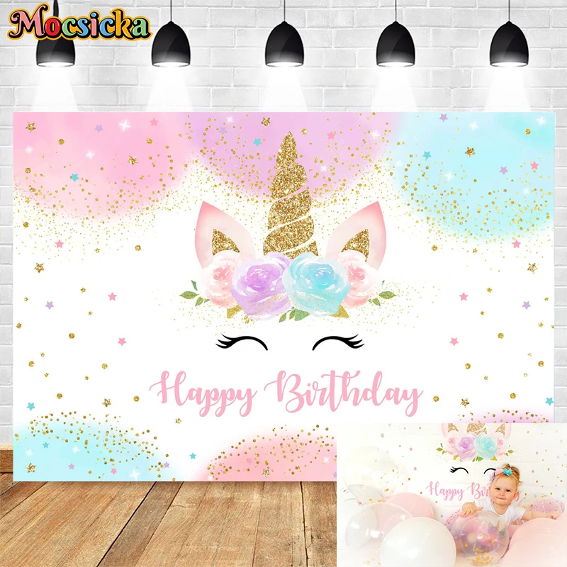 Renaiss 6.5ft Unicorn Round Backdrop Flower Stars Polyester