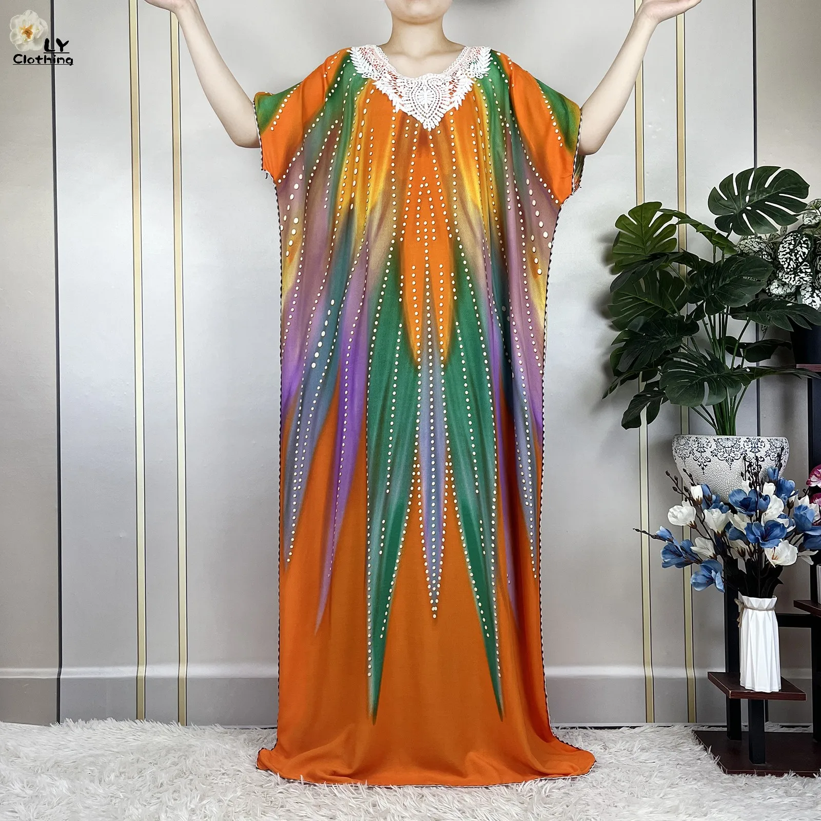 New Dubai Printing Cotton Loose Woman Dresse With Big Scarf African Dashiki Maxi Lady Summer Short Sleeve Islam Casual Vestidos