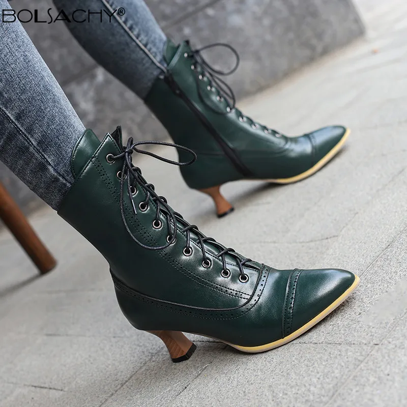

2023 New Lace Up Strange Steampunk Boot Ladies High Heel Shoes Victorian Ankle Boots Women Pointed Toe Thick Soled Short Boots
