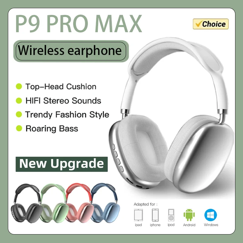 Cuffie Bluetooth Wireless Originali P9 Pro Air Max Noise Cancelling Mic Pods Over Ear Cuffie Da Gioco Sportive Per Apple