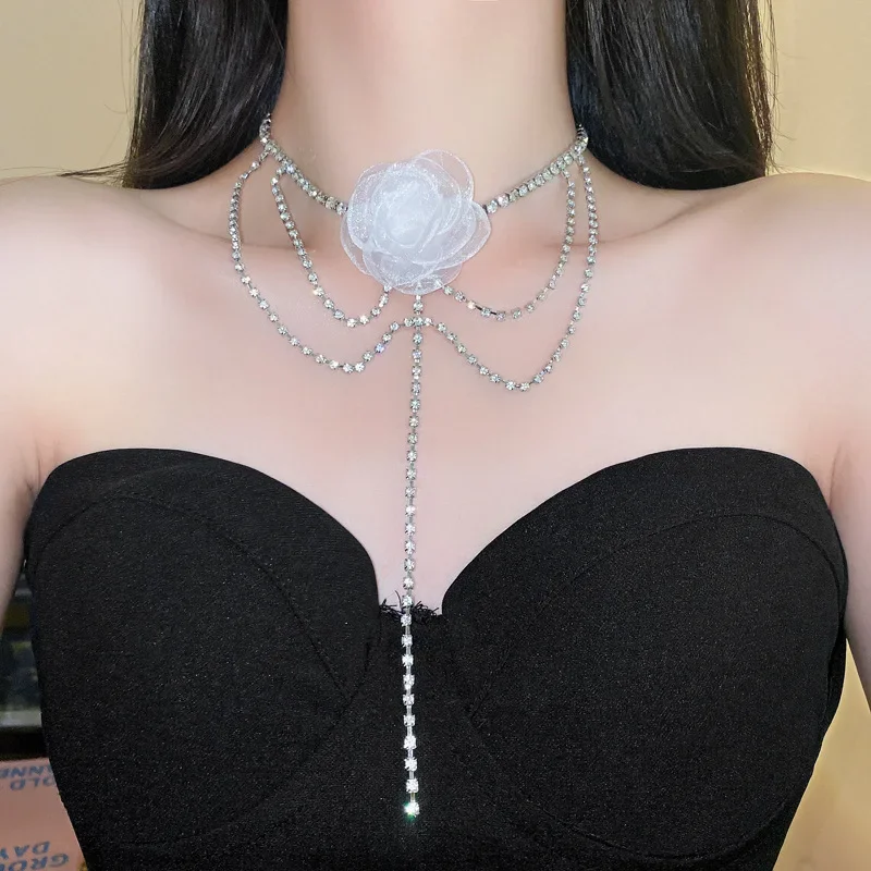 Black Lace Flower Women's Necklace Tassel Multi-Layered Diamond Sparkling Fashion Y2k Banquet Clavicle Chain For Women Jewelry