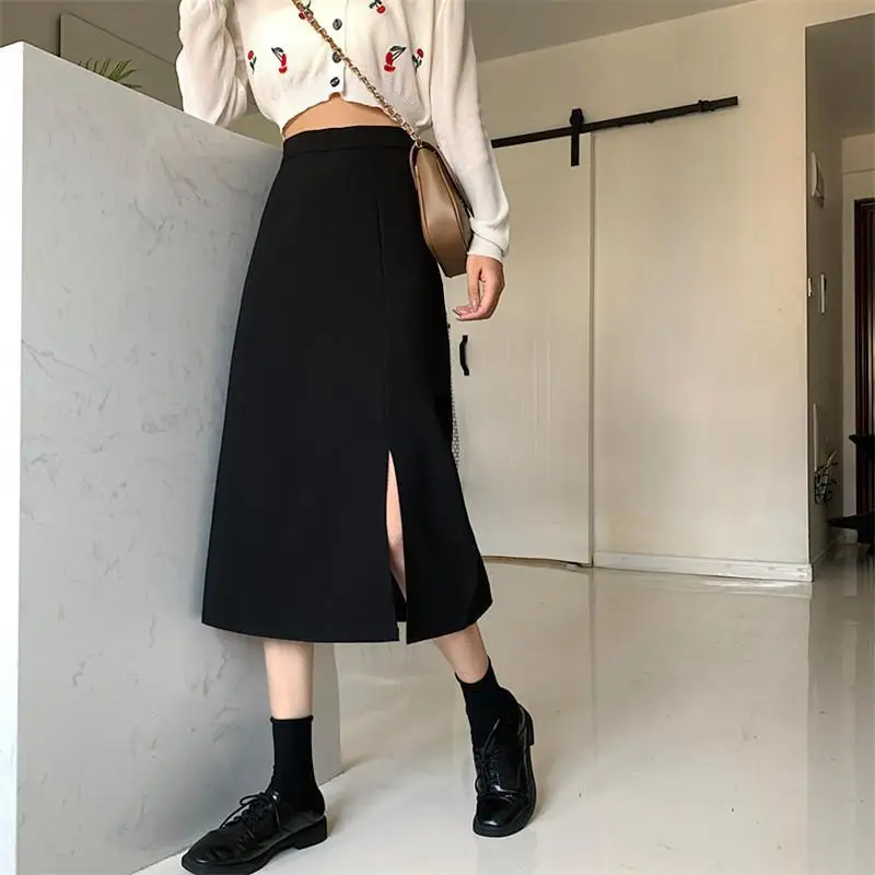 

Black Skirts Women Mid-calf College A-line High Waist Korean Style OL All-match Friends Streetwear Chic Female Bottom