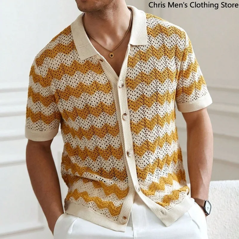 Summer New Hollow-knit Men's Shirt Business Leisure Lapel Men's Knit Shirt Street Fashion Brand Cardigan