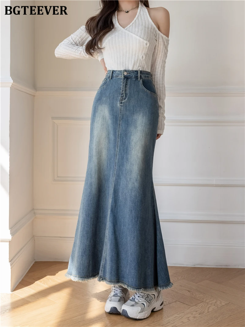 BGTEEVER Chic Stylish Women Long Skinny Mermaid Denim Skirts Summer Fashion High Waists Button Female Package Hip Jeans Skirts