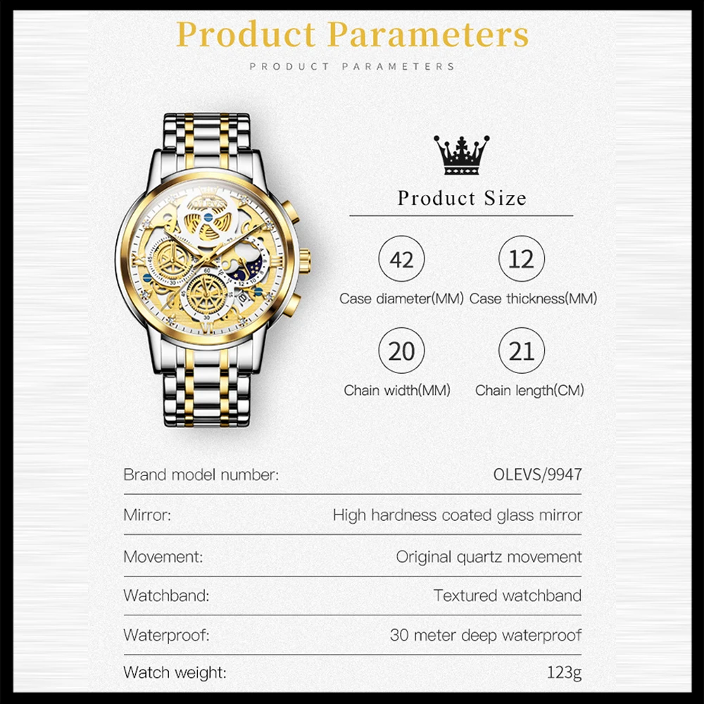 OLEVS Fashion Quartz Watch for Men Luxury Stainless Steel Men's Watch Waterproof Luminous Skeleton Design Dial Wristwatch Reloj