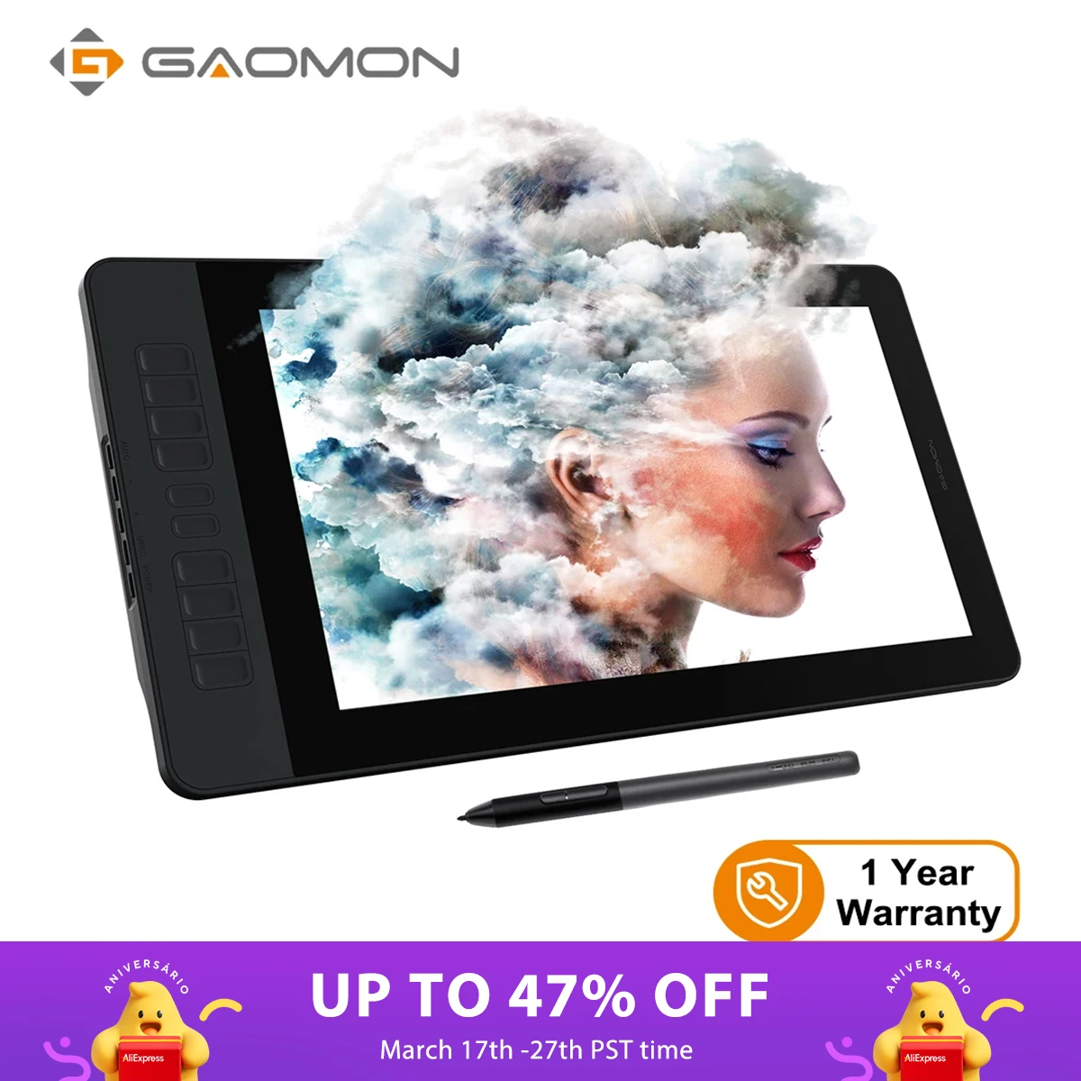 GAOMON PD1561 15.6 Inch IPS HD Graphics Tablet Monitor for Drawing/Writing, 72% NTSC Gamut Electron Art Pen Tablet with Screen