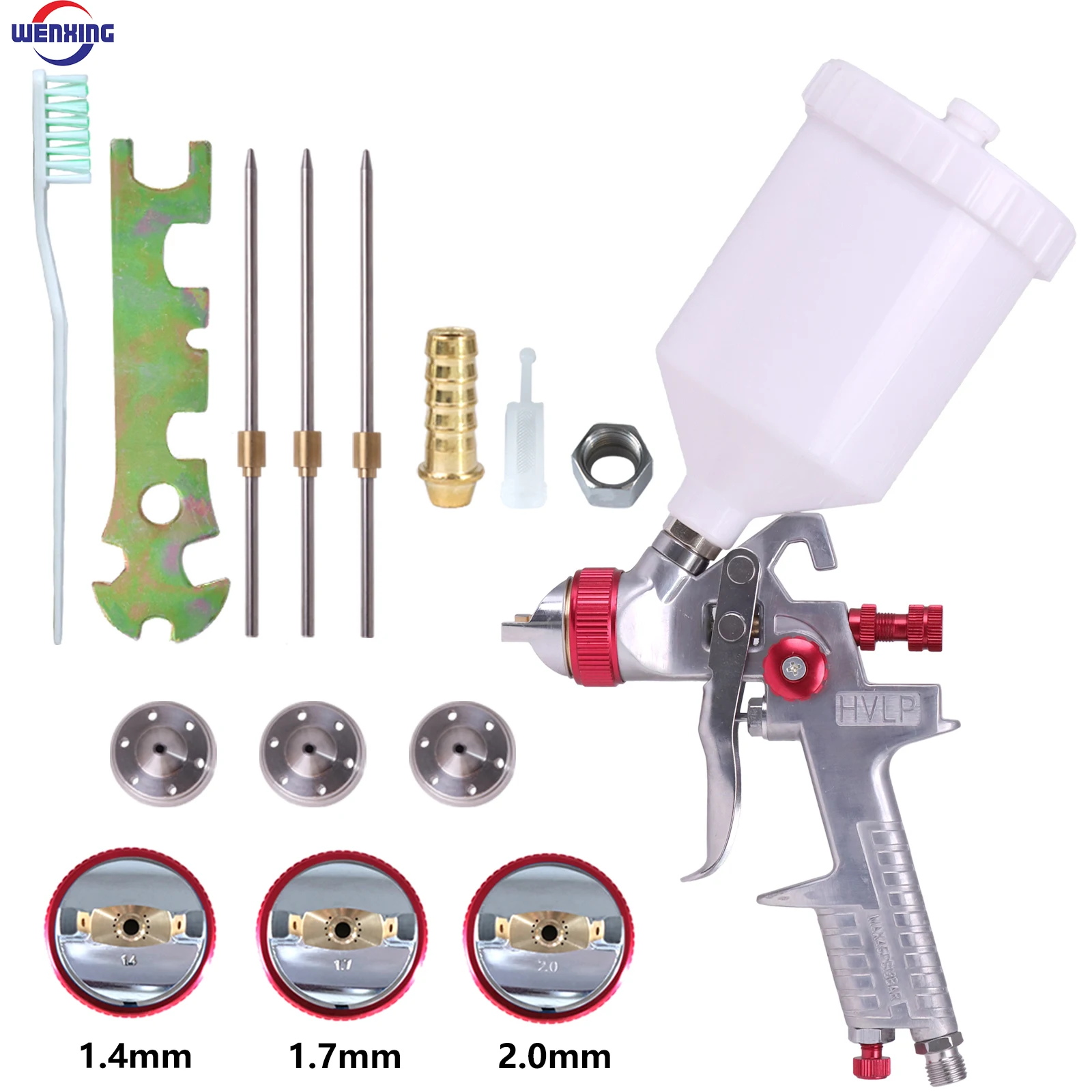 WENXING High Quality 1.4/1.7/2.0mm Nozzle Professional HVLP Spray Gun 600ML Gravity Feed Airbrush Kit For Car Furniture Painting