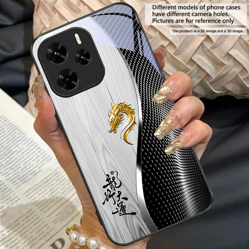 Elegant Black Tempered Glass Phone Case with Traditional Dragon Totem Design