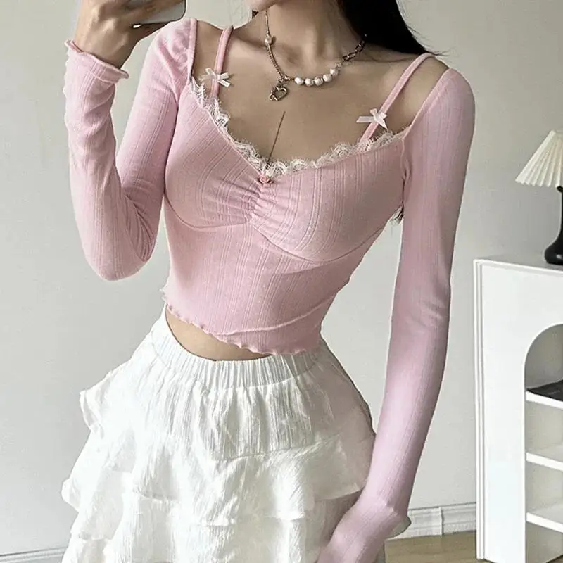 

Sweet Lace Stitching V-neck Skinny Top Pink Coquette Aesthetic Slim-fit Long Sleeve Knitted T-shirts Cute Casual Tees