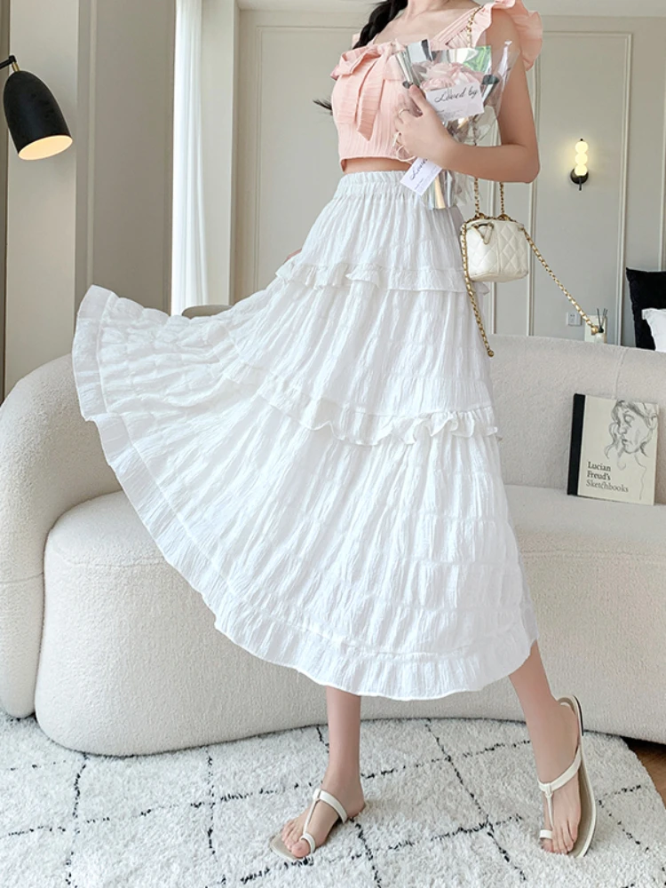 

FTLZZ Summer Casual Lady Ruffled Midi Skirt Fashion Women Solid Cake Skirt Elegant Female Loose A-line Skirt