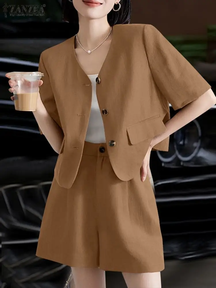 

ZANZEA Fashion Urban Tracksuits Woman Vintage Work OL Suit Short Sleeve Blazer Shorts 2pcs Solid Casual Street Outifit Oversized